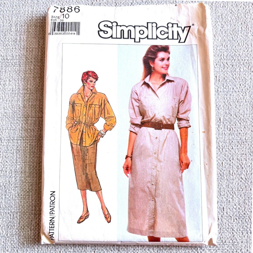 Simplicity 7886 80s Safari Shirtwaist Dress Shirt Midi Skirt S10 Chic Quiet Lux